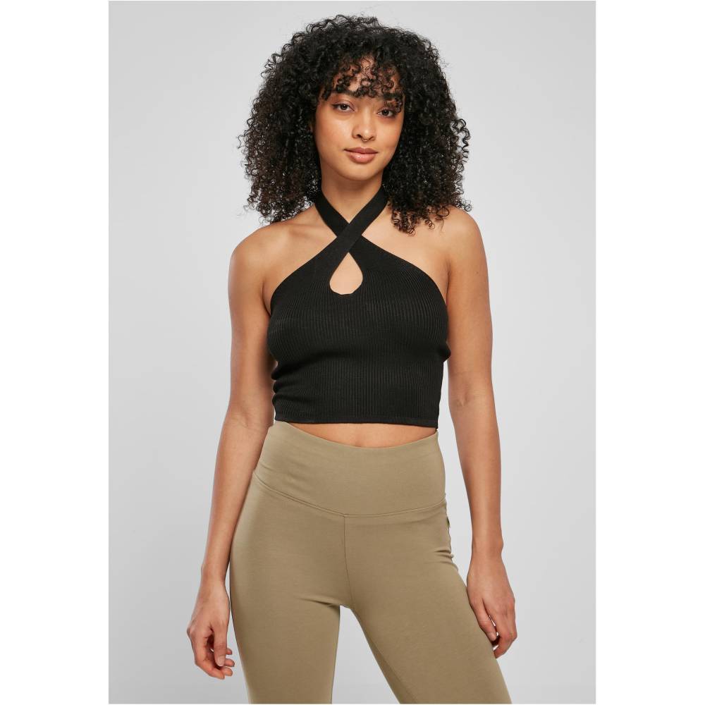Urban Classics - Rib Knit Crossed Neckholder Crop top - Zwart